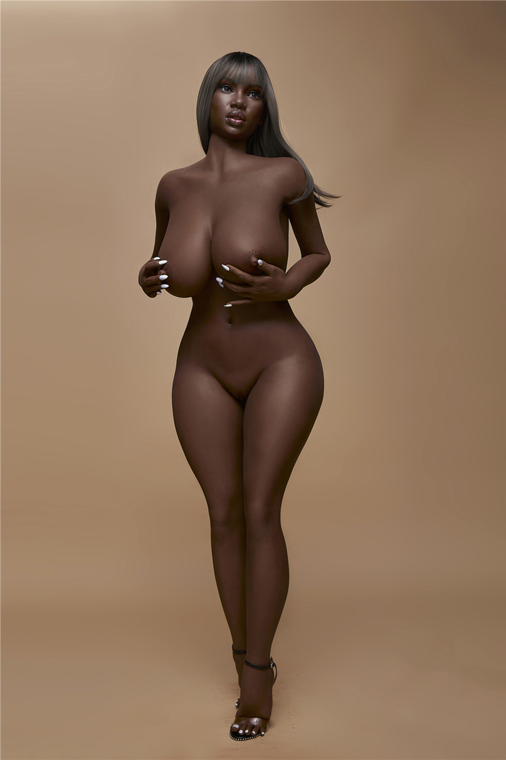 Realistic full-body adult doll with dark skin; life-sized silicone doll with lifelike touch.