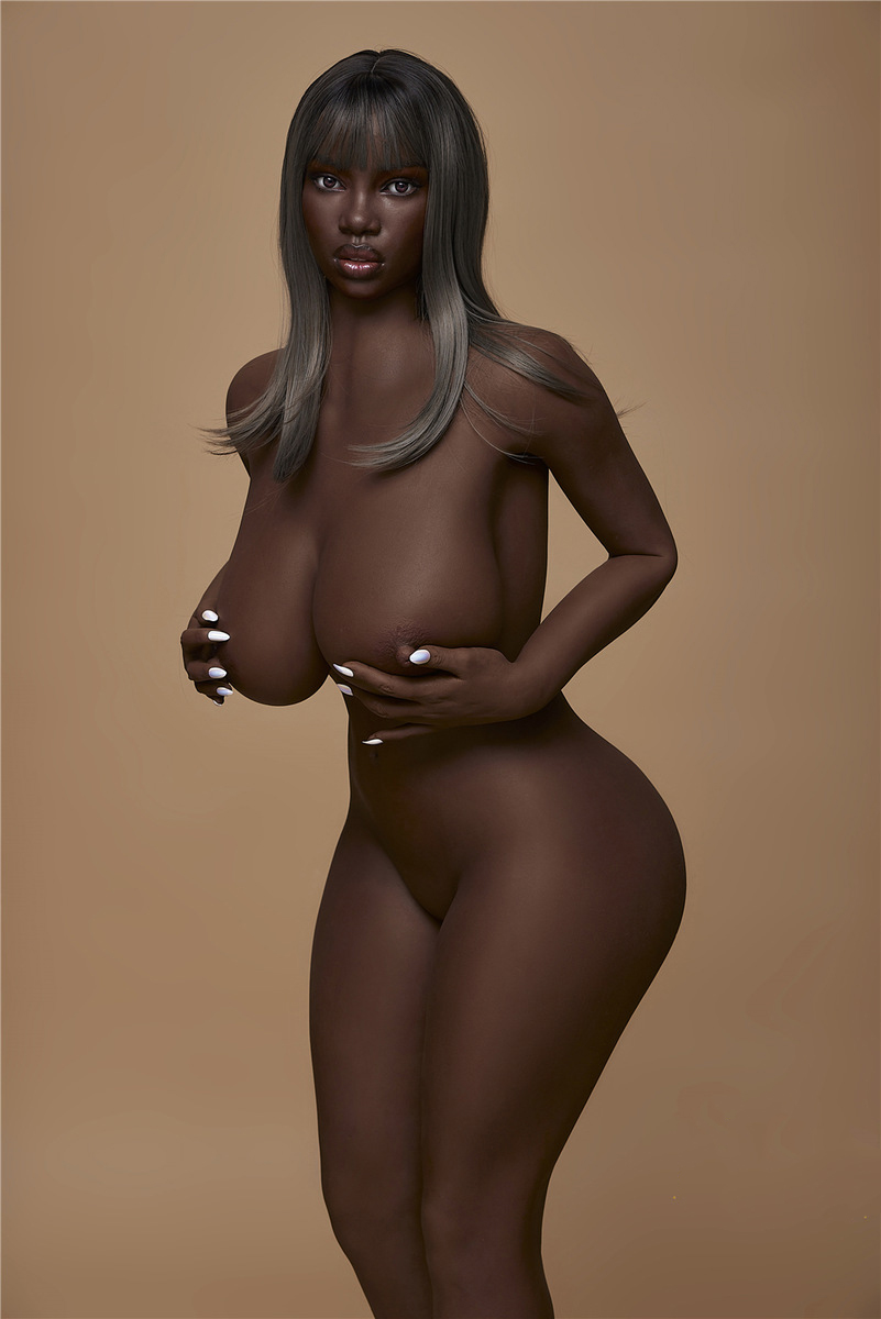 Realistic full-body adult doll with dark skin; life-sized silicone doll with lifelike touch.