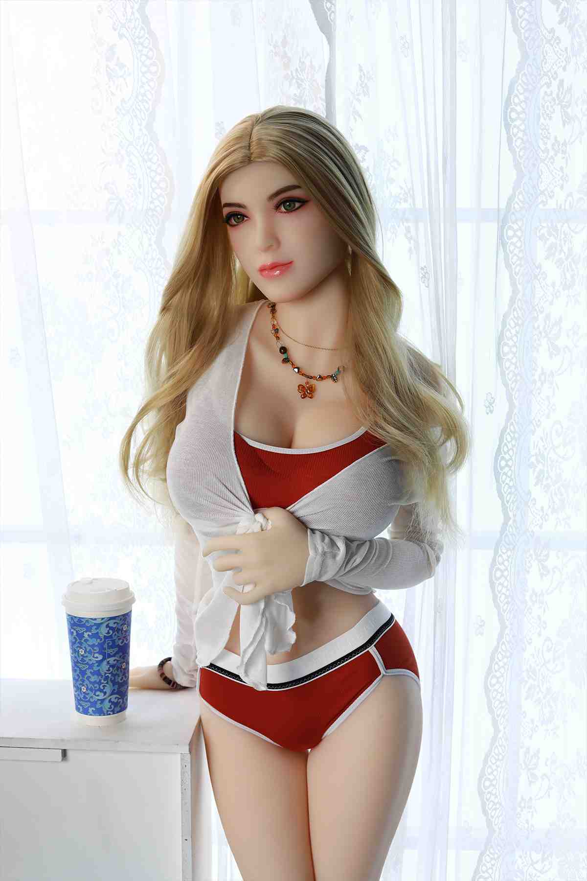TPE realistic sex doll, 158 cm (62.2 inches), available from a UK warehouse. She features the shapely, curvaceous figure of a "sweet secretary," complete with wavy blonde hair and casual morning loungewear — Model: 158CM-Morning