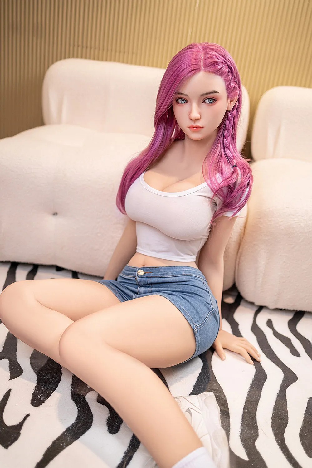 In stock at EU warehouse: TPE realistic sex doll, featuring long pink hair, a white crop top, and denim shorts.