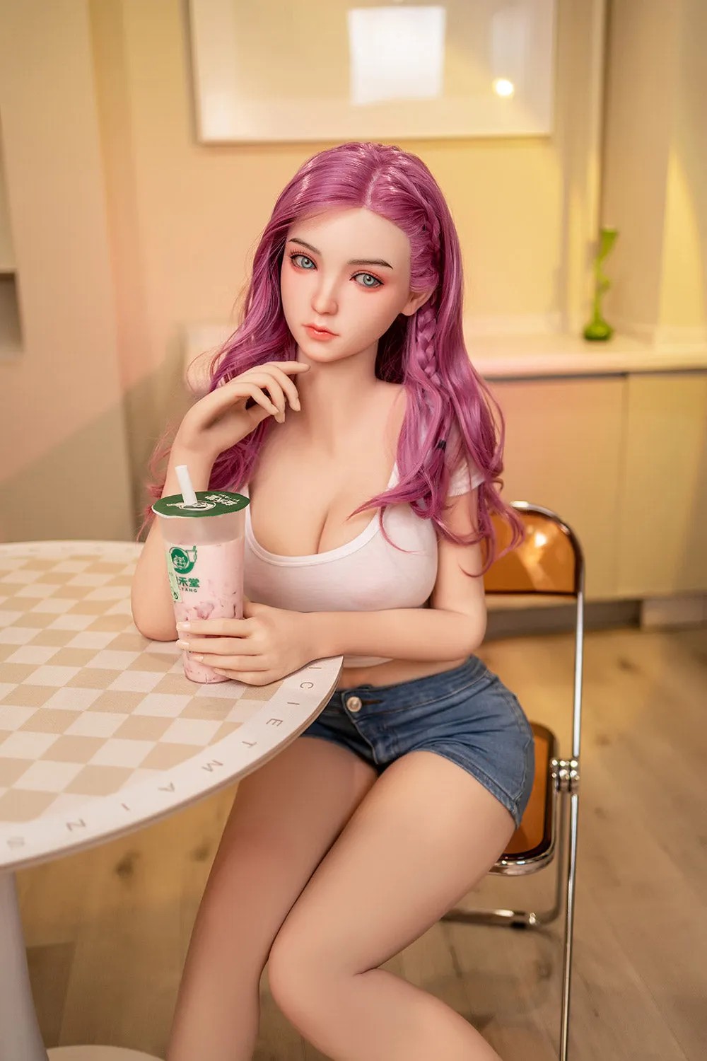 In stock at EU warehouse: TPE realistic sex doll, featuring long pink hair, a white crop top, and denim shorts.