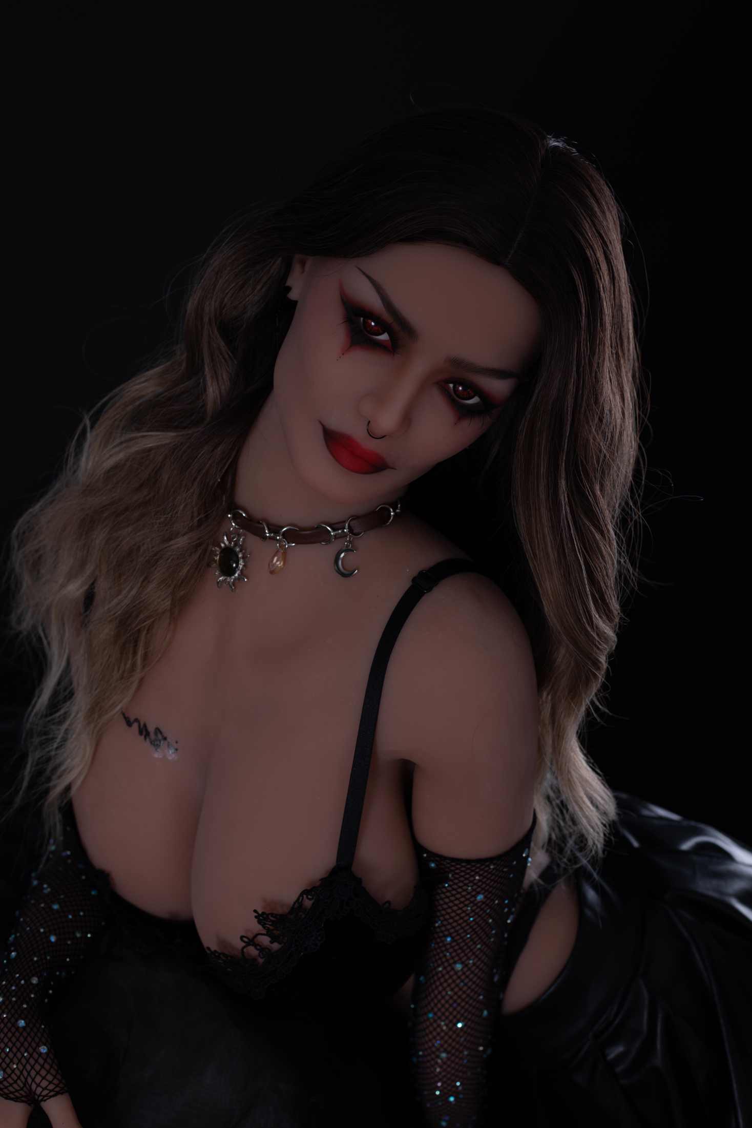 TPE realistic sex doll, 168 cm (66 inches) tall, featuring a full bust, wheat-toned skin, long wavy hair, and a Gothic-style lace outfit — Model 168S