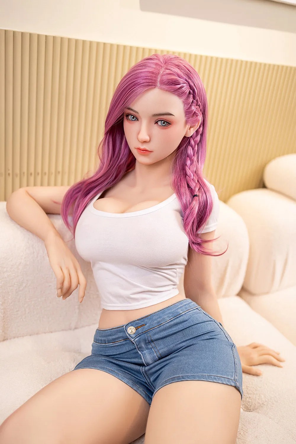 In stock at EU warehouse: TPE realistic sex doll, featuring long pink hair, a white crop top, and denim shorts.